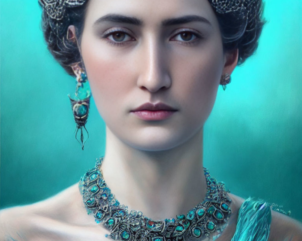 Intense gaze woman portrait with turquoise jewelry and feathered garment on teal backdrop