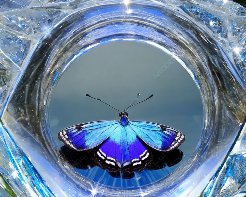 Blue butterfly in crystalline structure amidst green foliage.