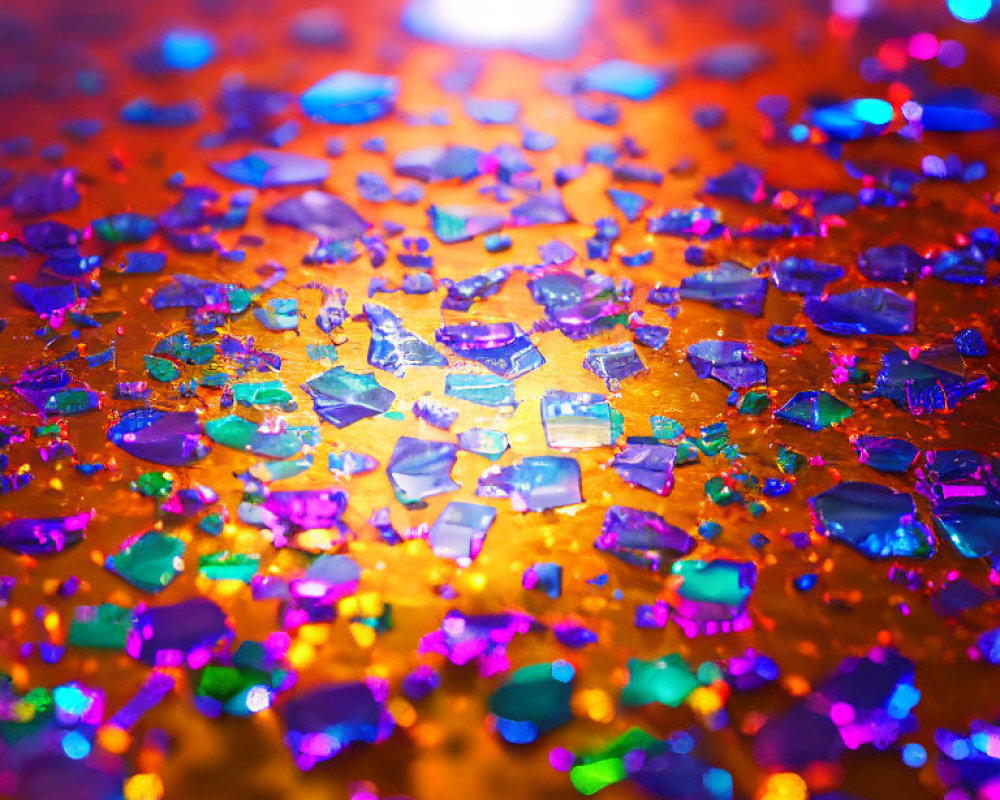 Colorful iridescent glitter fragments with warm light source.