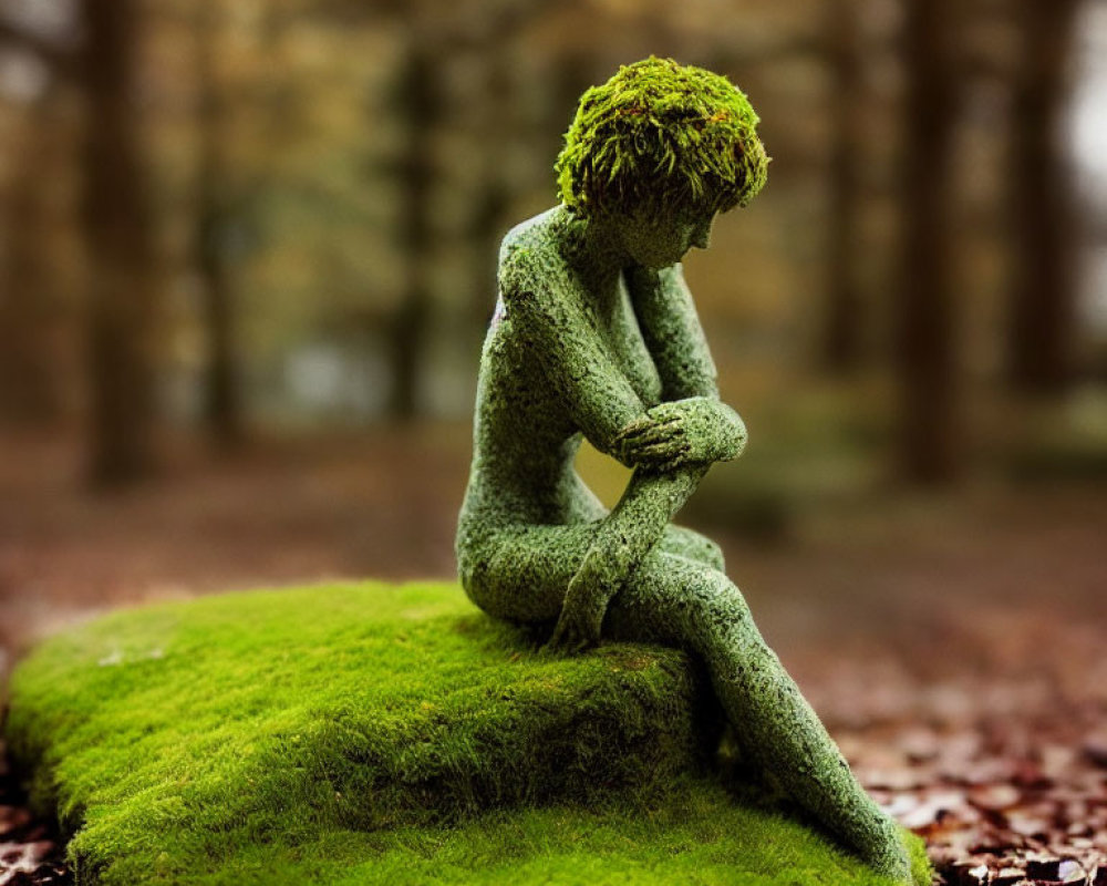 Moss-Covered Seated Person Sculpture in Forest Setting