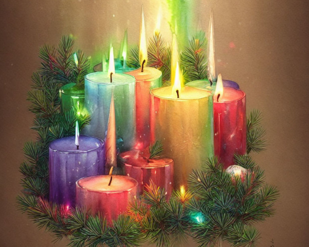 Colorful Candle Arrangement Among Evergreen Branches