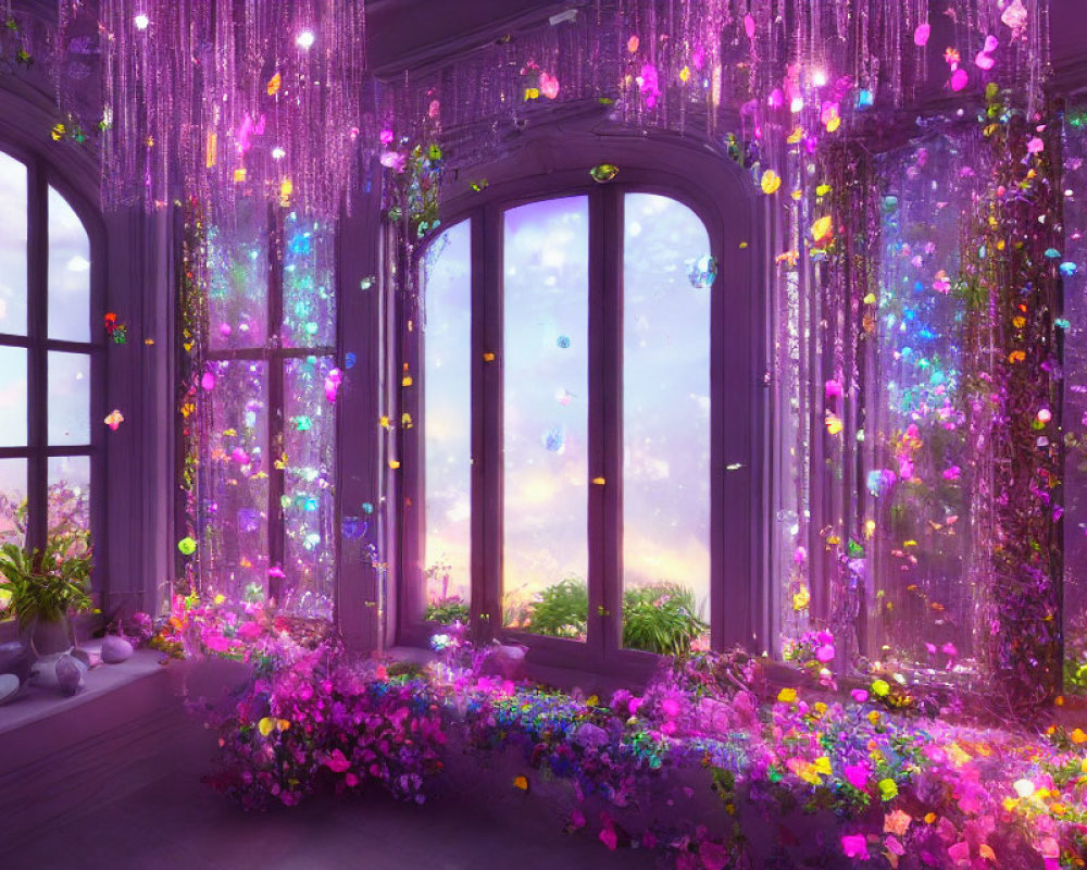 Fantasy room with large windows, soft purple light, cascading flowers, glowing orbs, and hanging