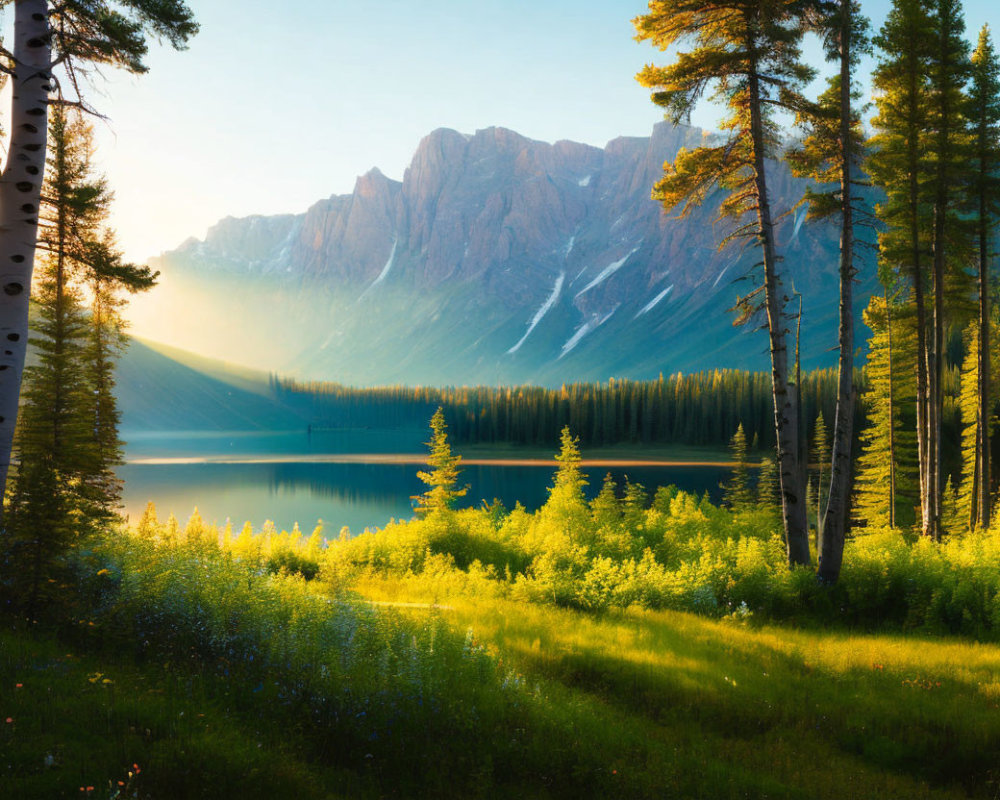 Scenic Alpine Lake at Sunrise with Mountainous Backdrop