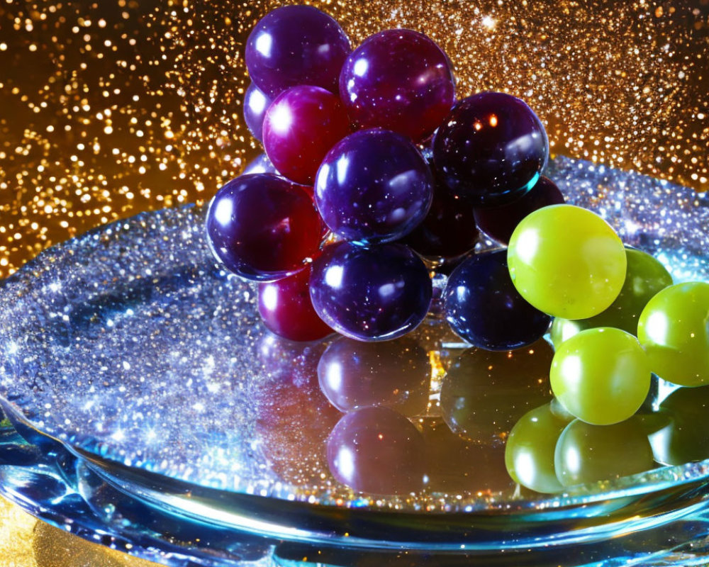 Purple and Green Grapes on Blue Plate with Golden Sparkle