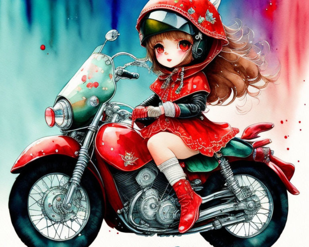 Colorful Illustration of Young Girl on Motorcycle with Watercolor Background