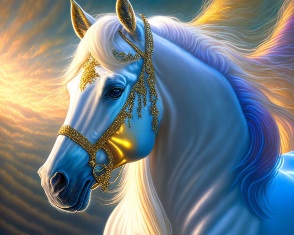 White Horse with Golden Jewelry Under Dramatic Sky