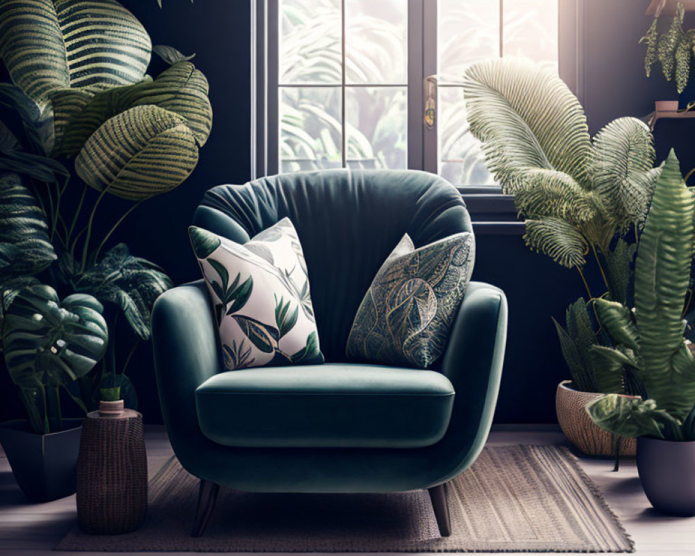 Teal armchair with patterned cushions in cozy interior