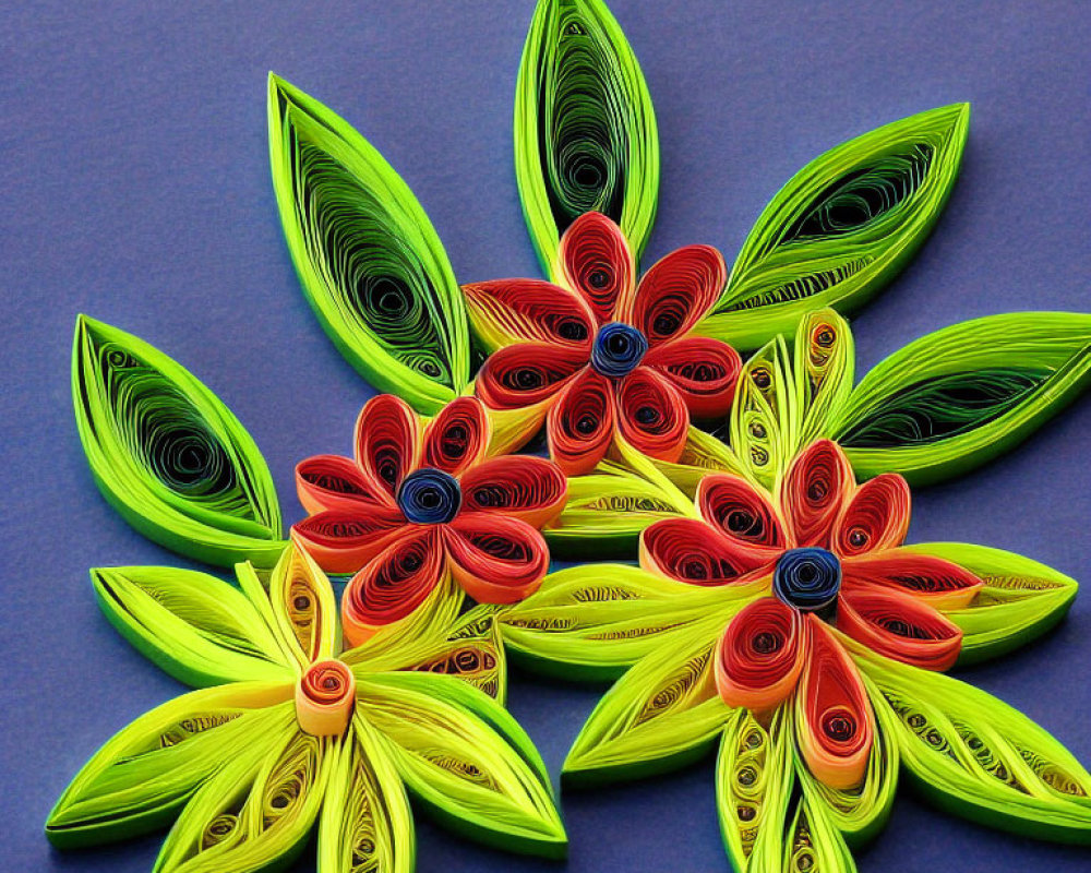 Vibrant quilled paper art of layered flowers on blue background