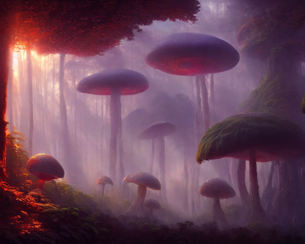 Enchanted forest with oversized mushroom-like trees in soft light