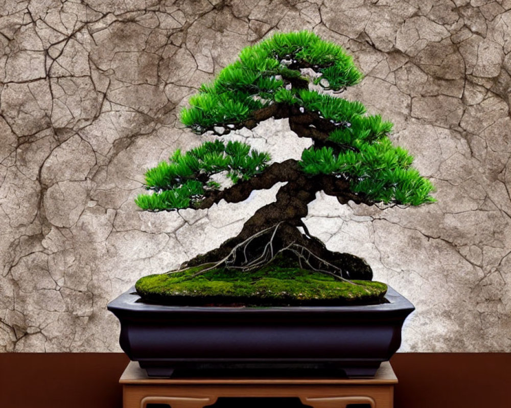 Lush green bonsai tree in glossy pot on cracked earth background