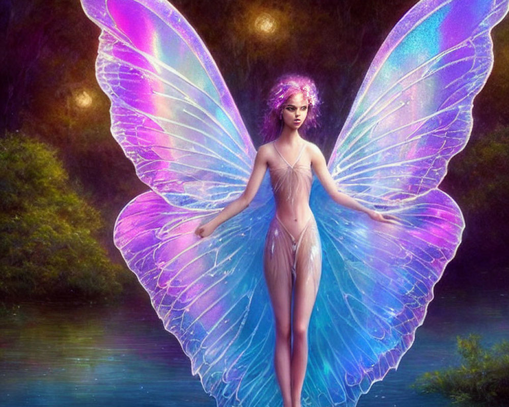 Fantasy humanoid creature with vibrant butterfly wings in mystical forest