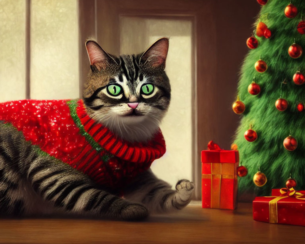 Cat in Red Sweater by Christmas Tree and Presents in Festive Setting