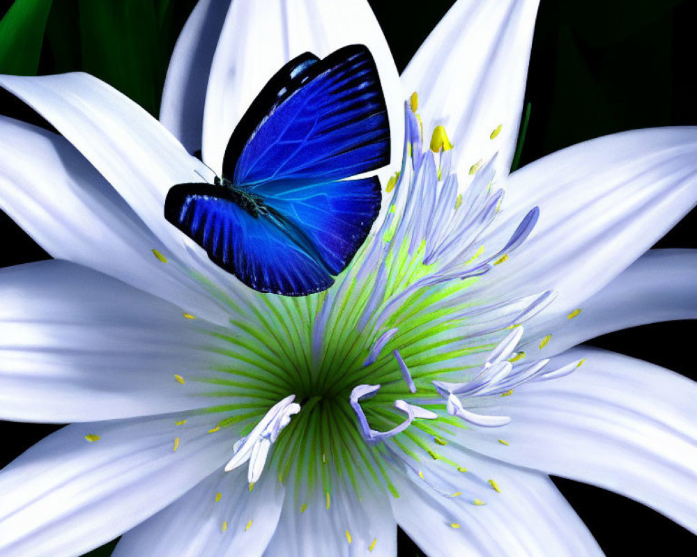 Blue butterfly on white lily with green center and stamens