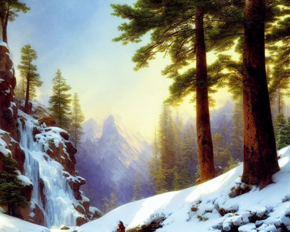 Tranquil Winter Scene with Evergreens, Frozen Waterfall, and Snow