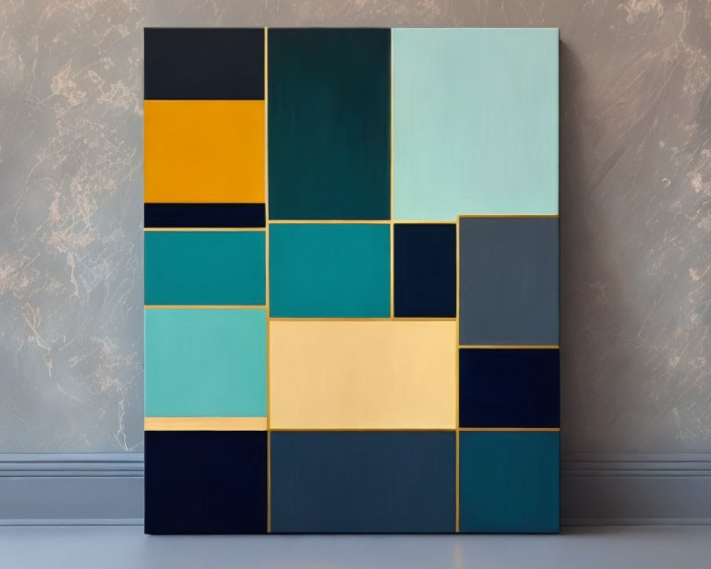 Geometric abstract painting with blue, teal, yellow, and cream blocks on gray wall.