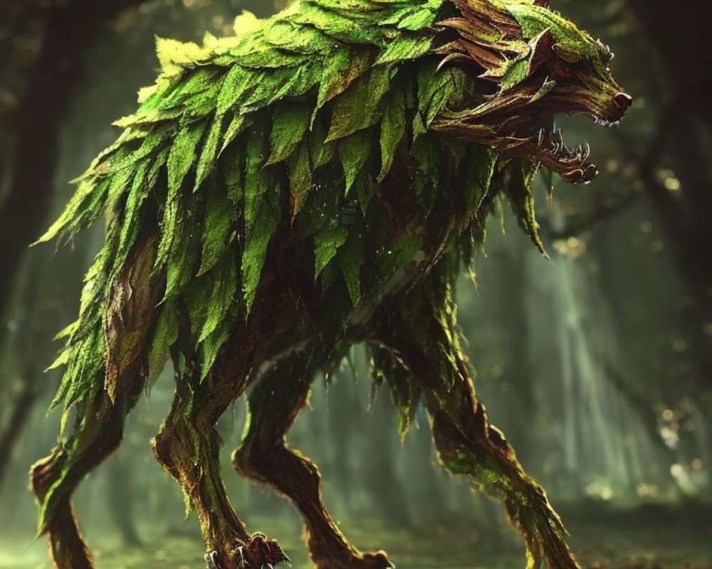 Green leaf and bark-covered wolf in mystical forest with waterfall