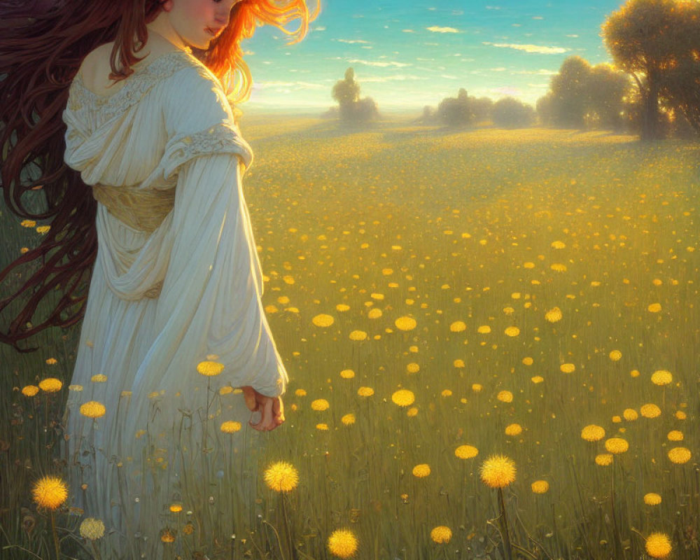 Red-haired woman in white dress in dandelion field at sunset