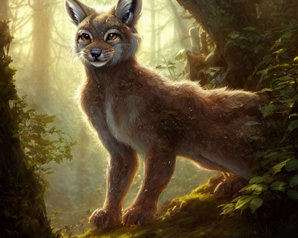 Fox-bodied creature with human-like face in misty forest