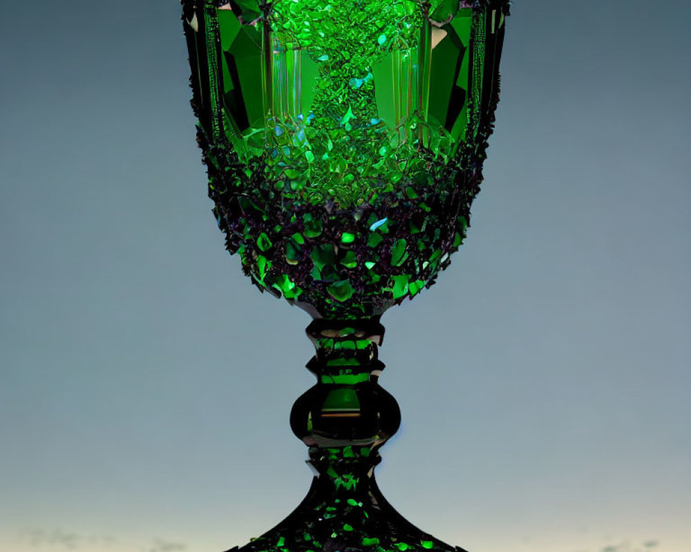 Digital image of ornate green crystal goblet with fragments on gradient backdrop.