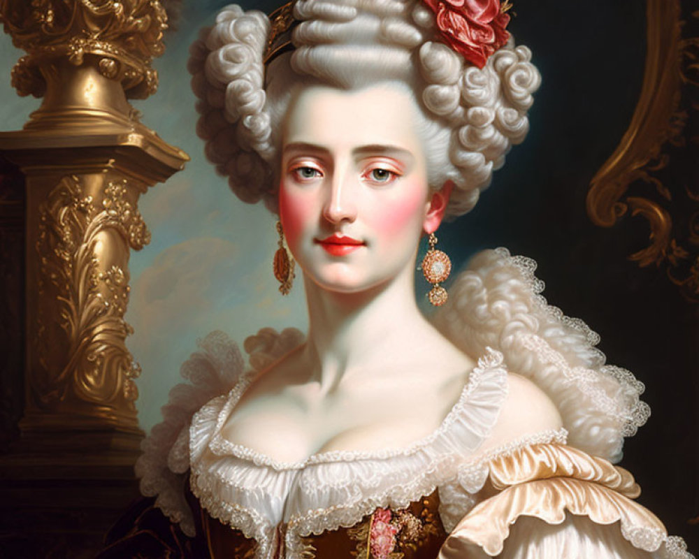 Elaborate White Wig Portrait of Woman in Gold and White Dress