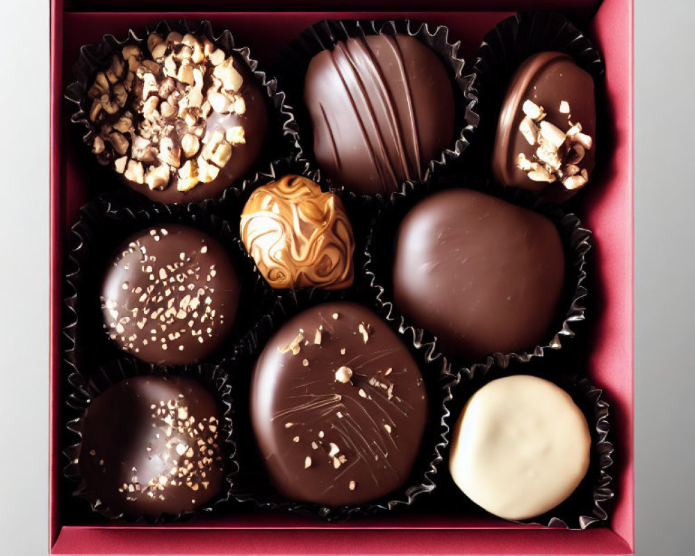 Assorted Gourmet Chocolates with Various Toppings in Red Gift Box