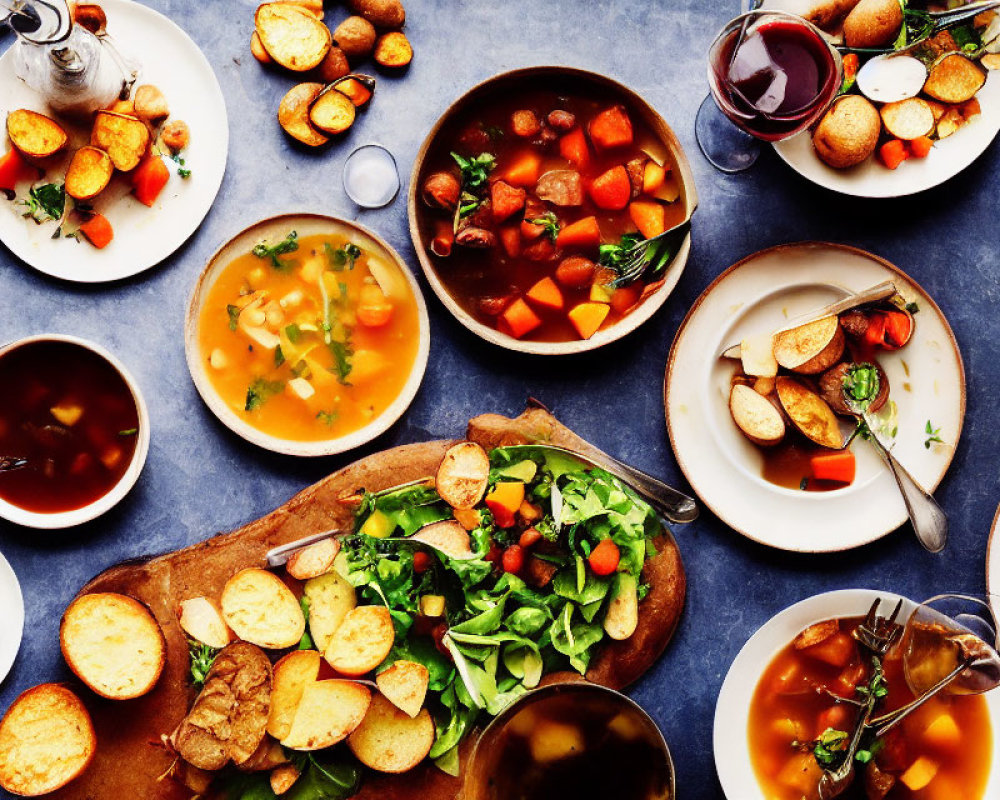 Assorted Soups, Salads, Crispy Bread, and Red Wine Spread