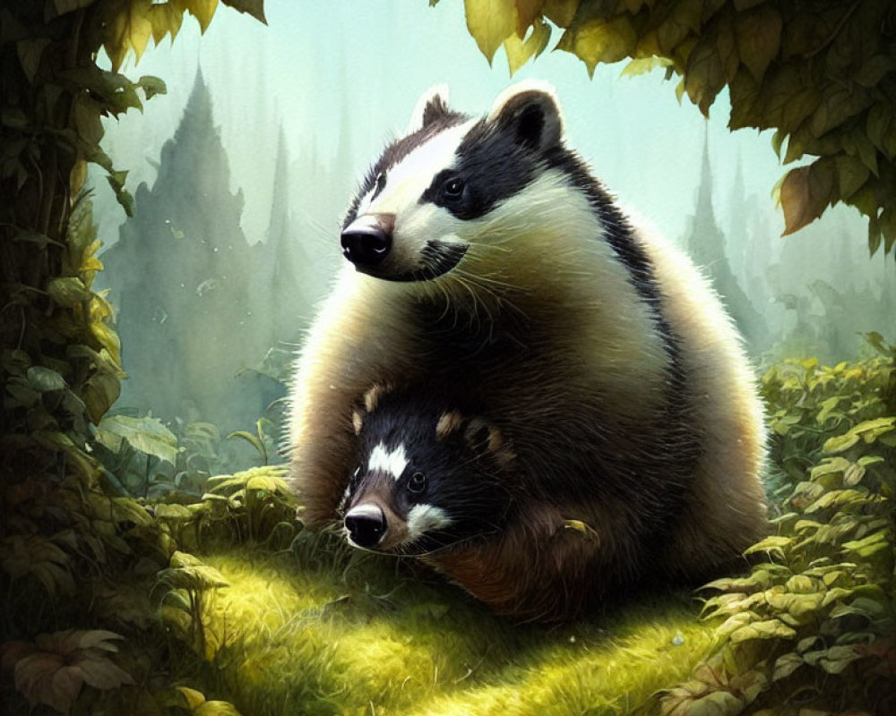 Tranquil illustration of two badgers in lush greenery