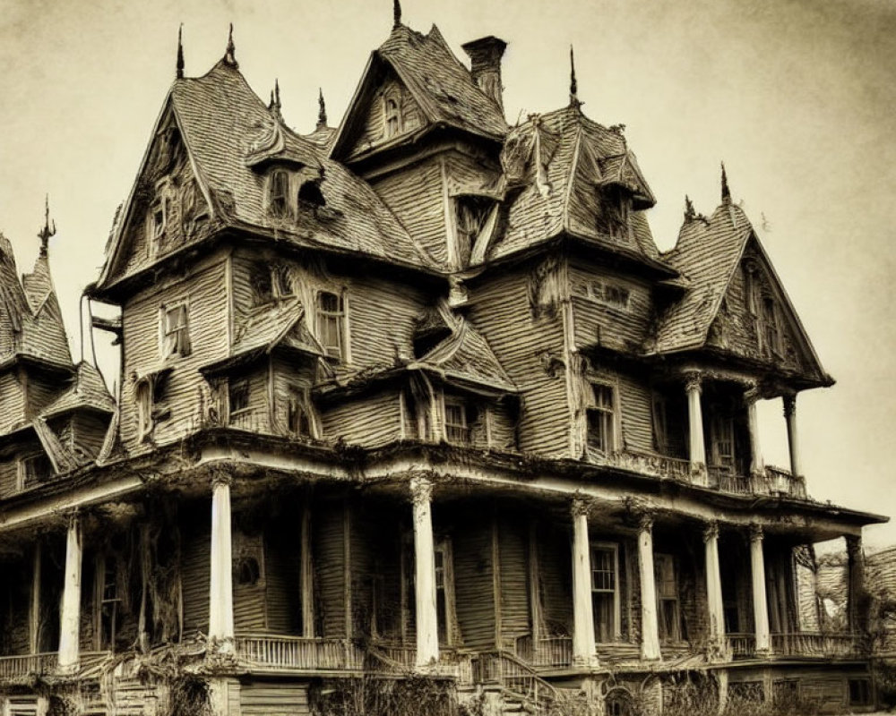 Weathered Victorian-style mansion with large porch in sepia tone