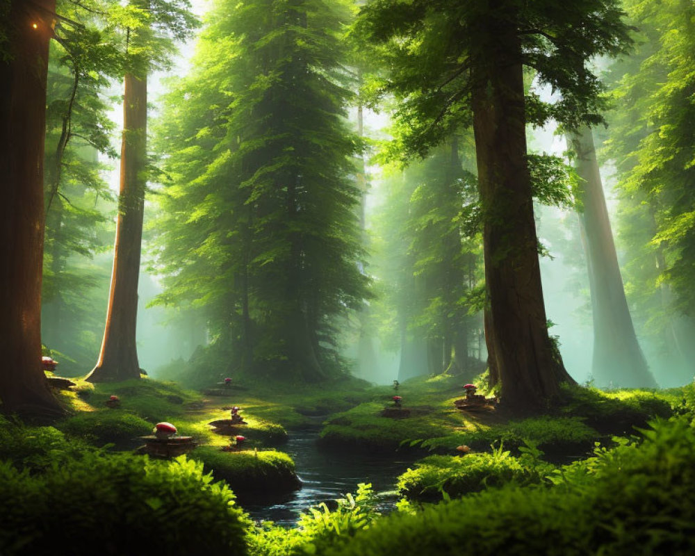 Misty forest with tall trees, green foliage, and a stream