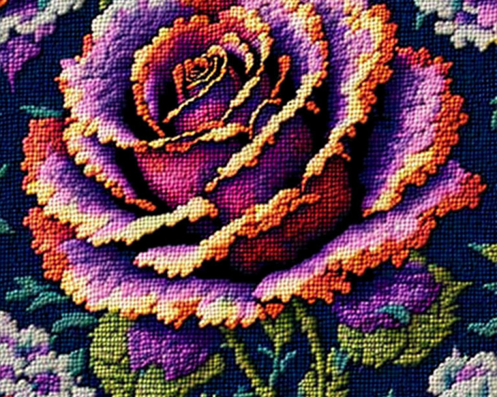 Colorful Cross-Stitched Rose on Dark Blue Background with Greenery