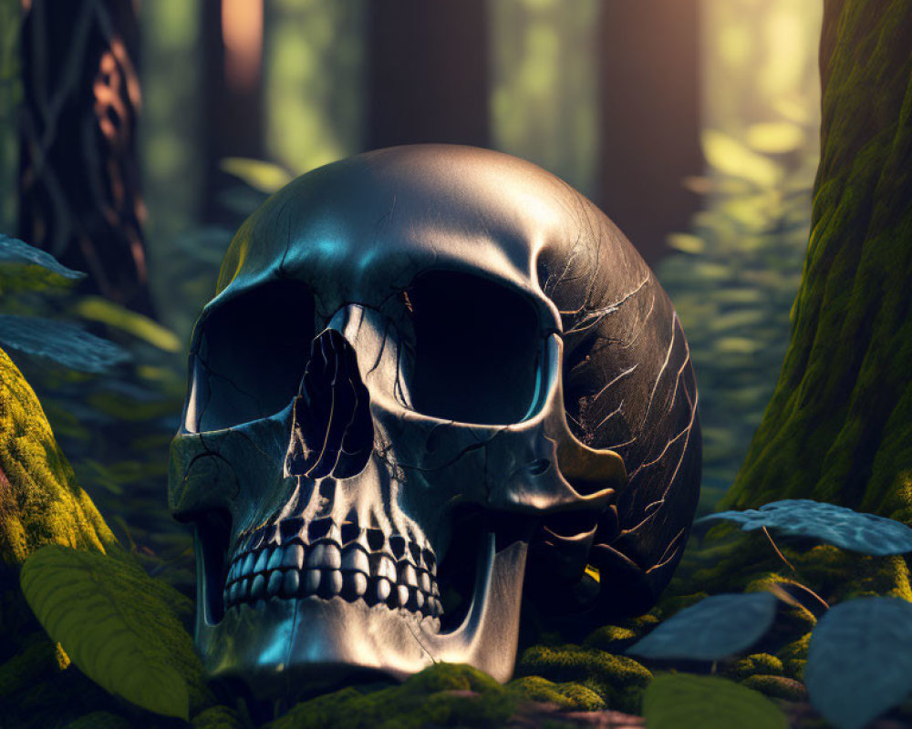 Skull in Forest Foliage with Mystical Light