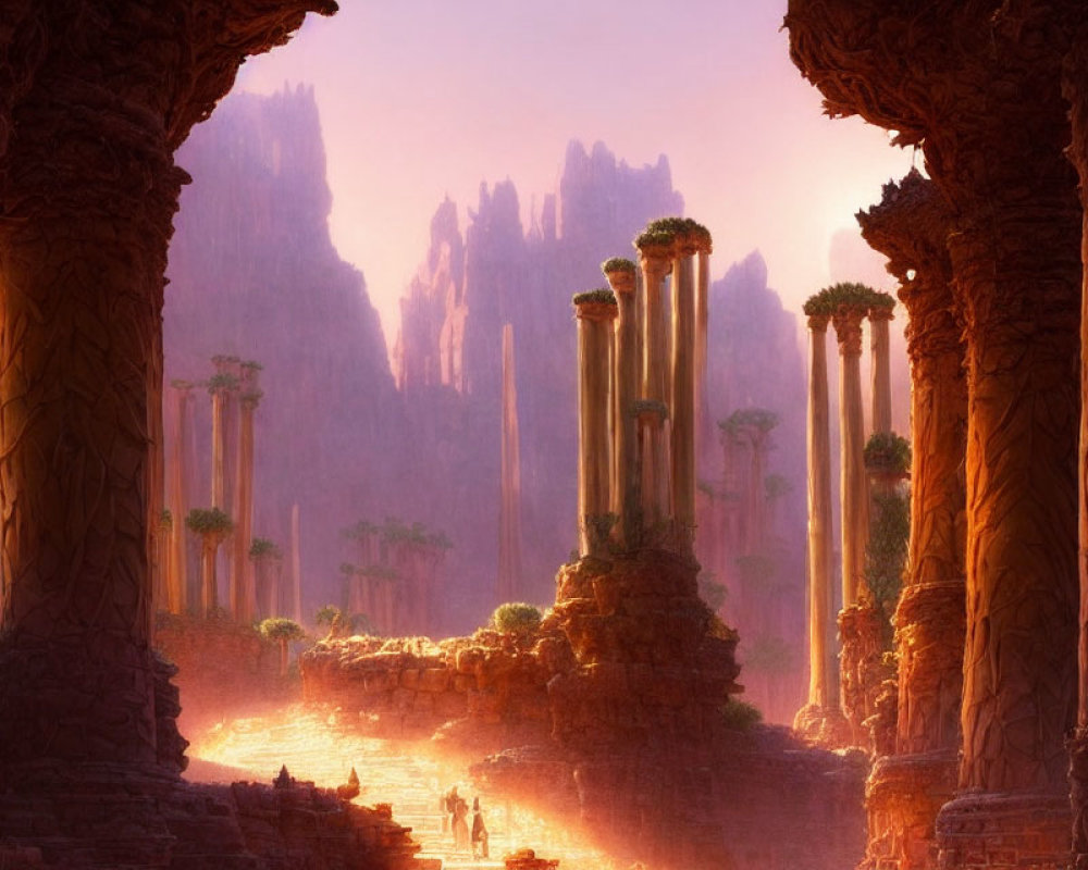 Mystical landscape with towering ruins and lush trees