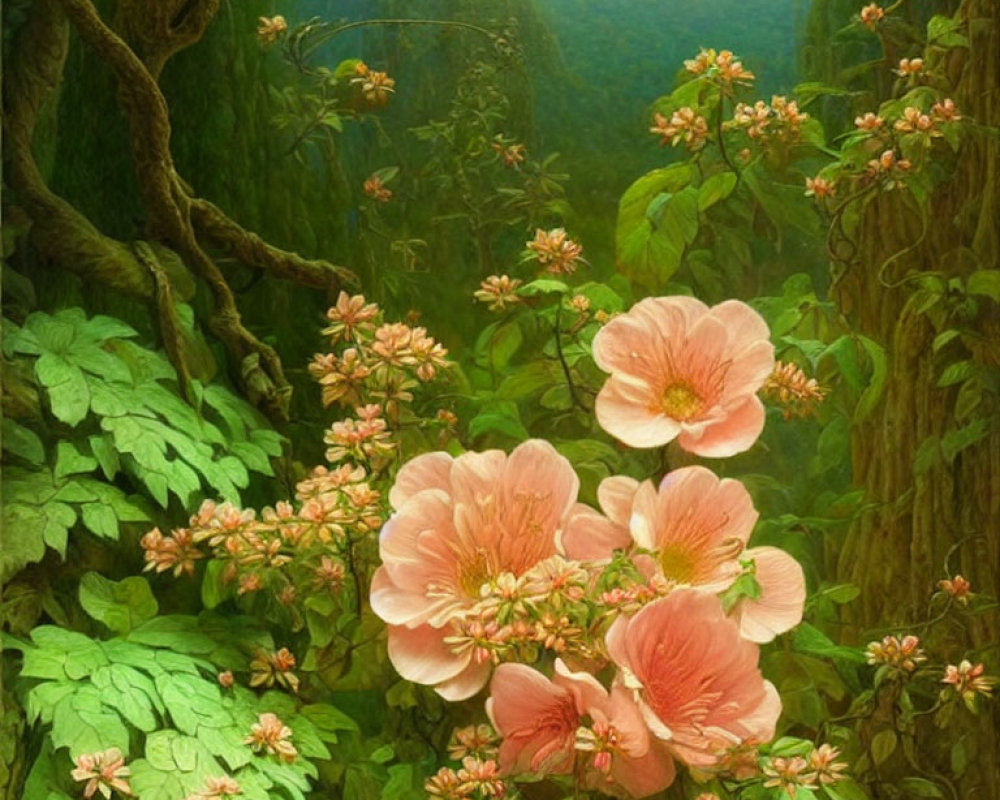 Scenic forest landscape with pink flowers and misty hills