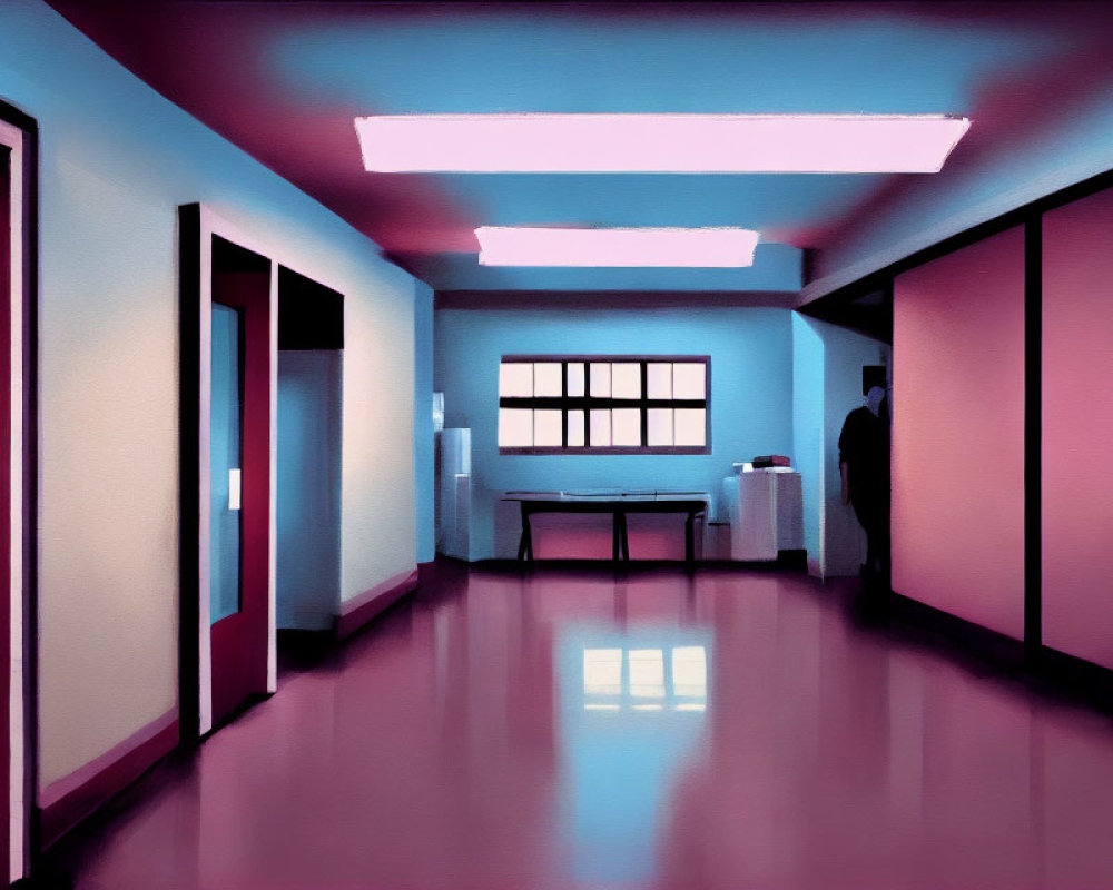 Stylized illustration of hallway with pink walls and reflective floors