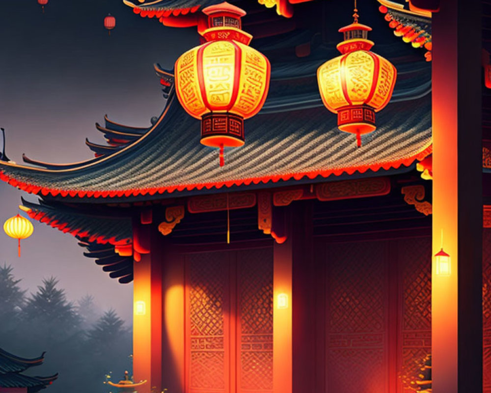 Asian Temple Entrance Illuminated by Red Lanterns at Dusk