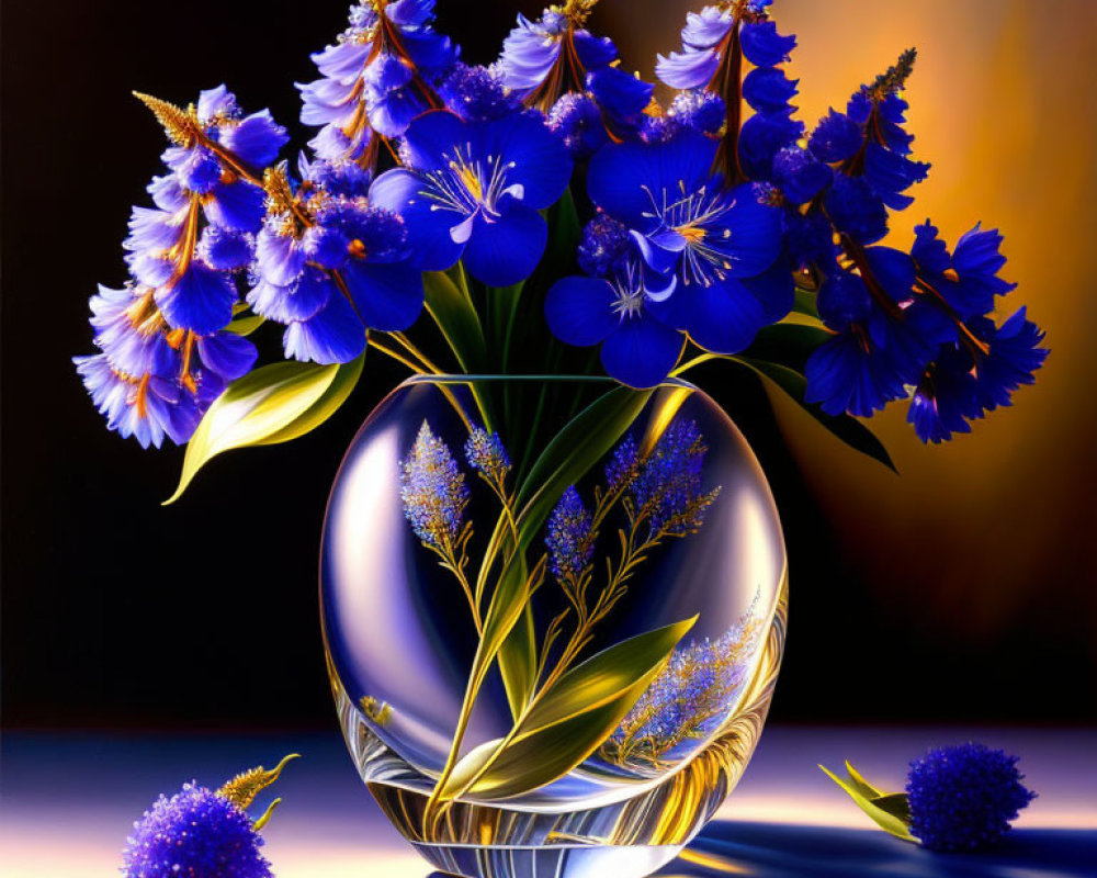 Colorful painting of glass vase with blue flowers and greenery on abstract background