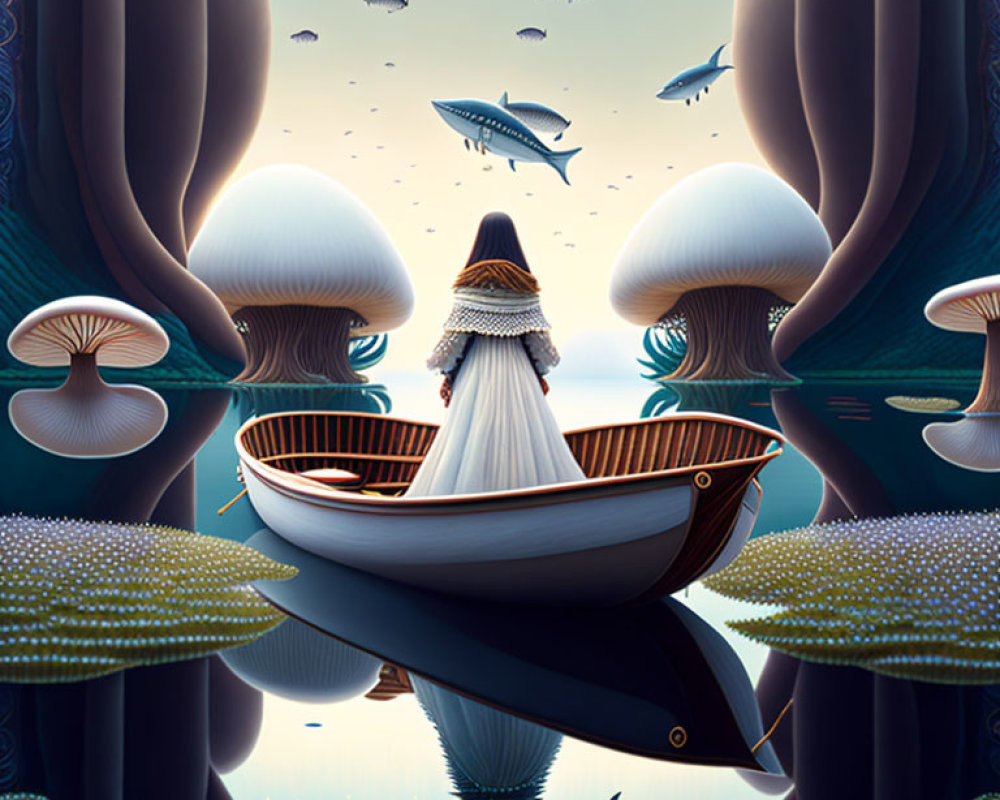 Person in boat surrounded by flying fish and surreal reflections on calm water