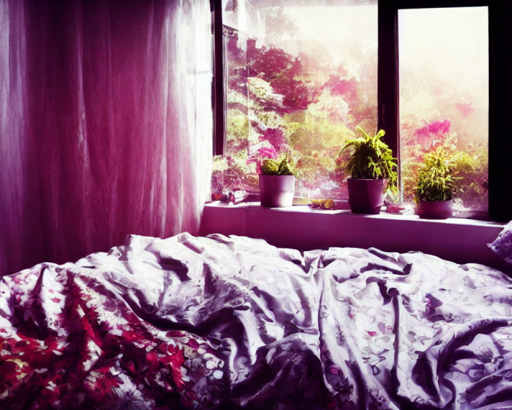 Cozy bedroom with rumpled bed, purple bedding, sheer curtains, and garden view