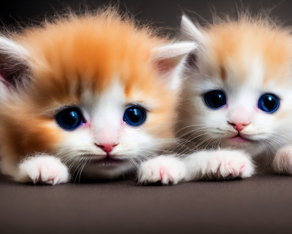 Three Orange-and-White Kittens with Blue Eyes on Dark Background