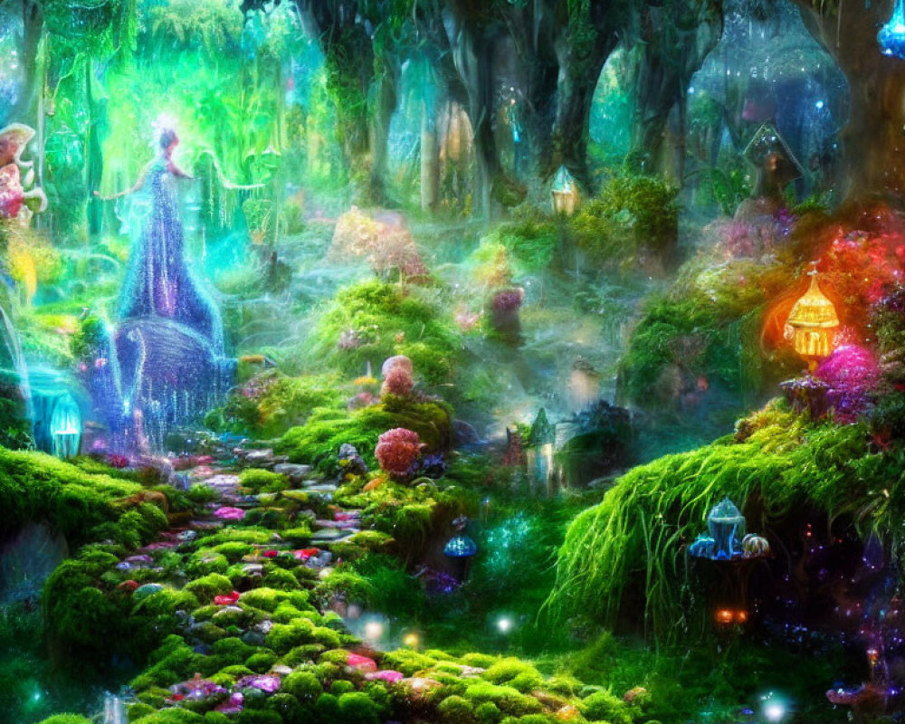 Enchanting forest scene with glowing lanterns and radiant figure