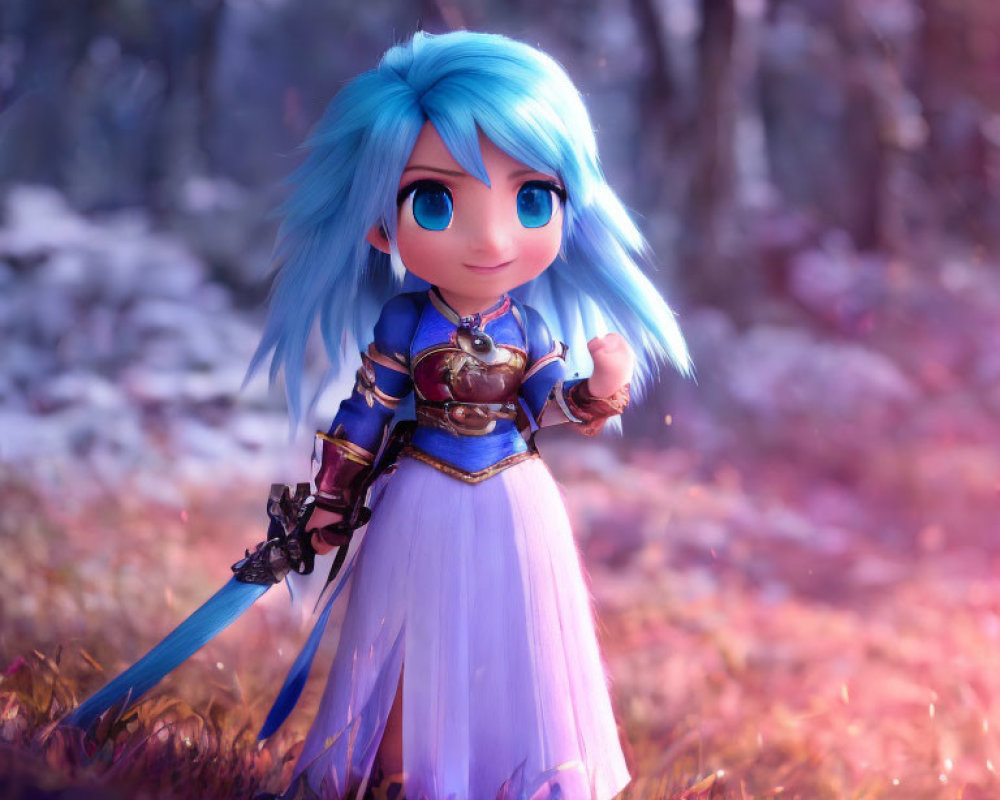 Colorful animated character with blue hair in warrior outfit in magical forest