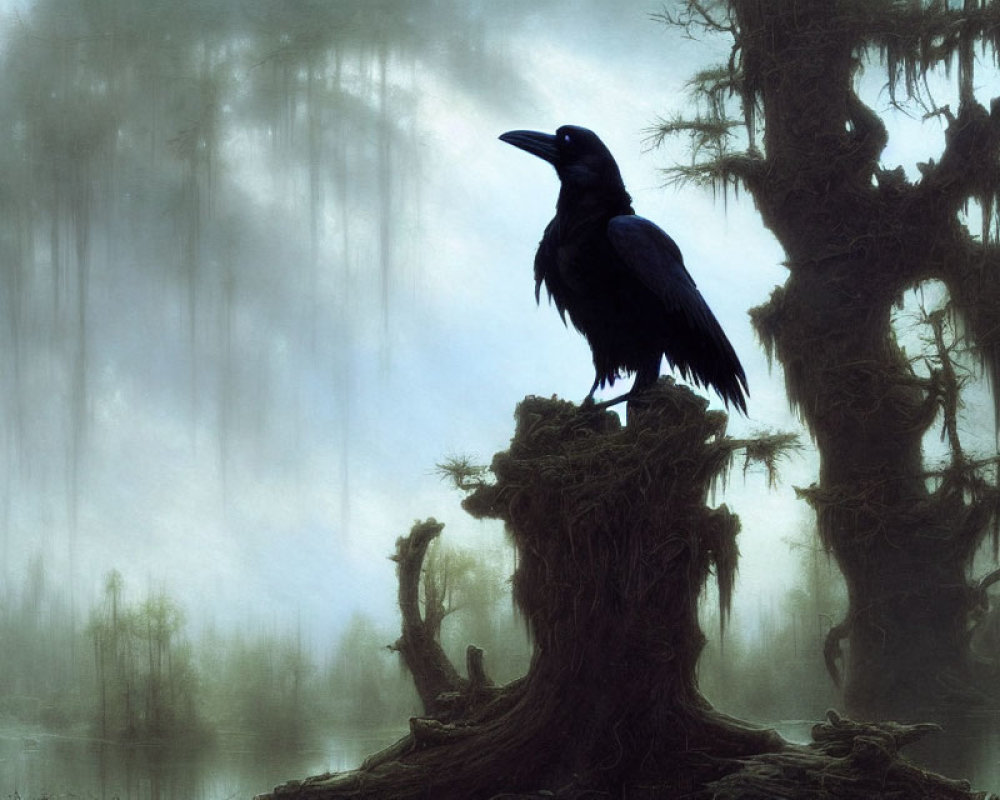 Raven on gnarled tree stump in misty swamp landscape