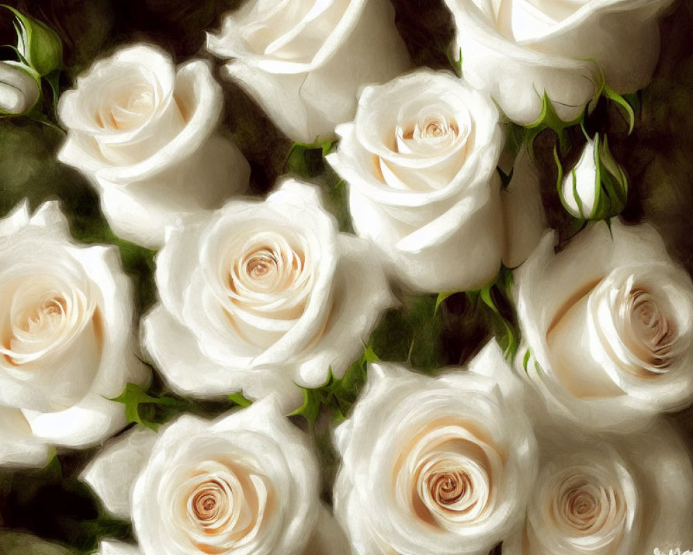 Digital Painting: Lush White Roses Bouquet with Soft Lighting