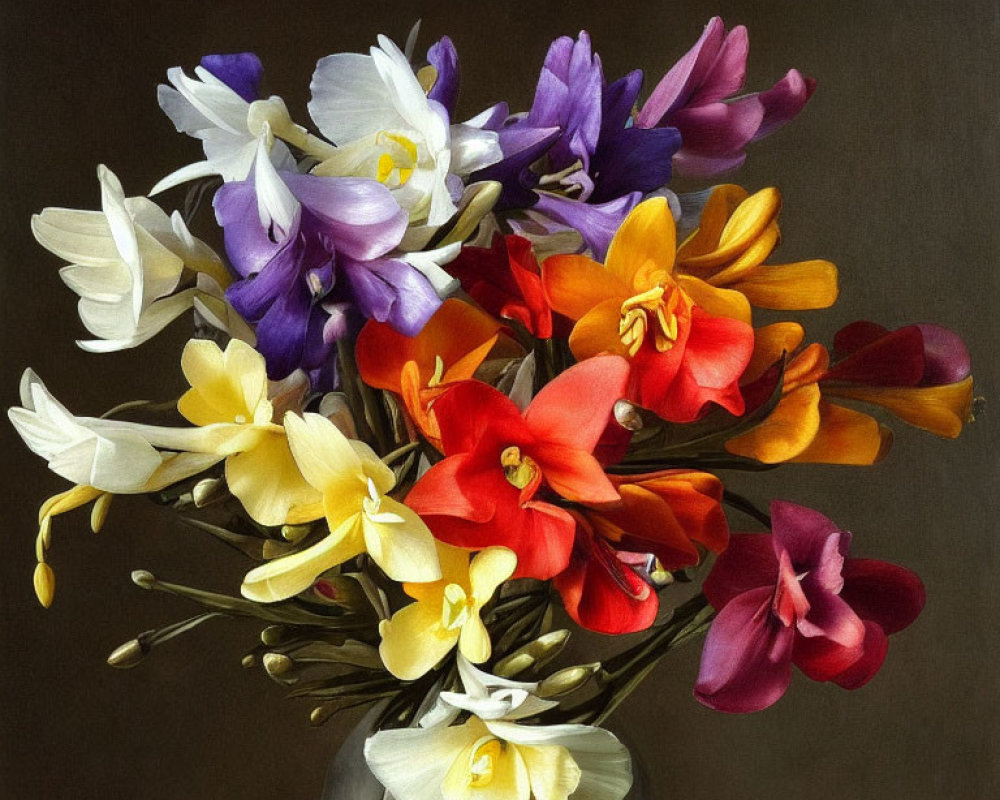 Multicolored Freesia Flowers in Transparent Vase on Dark Background