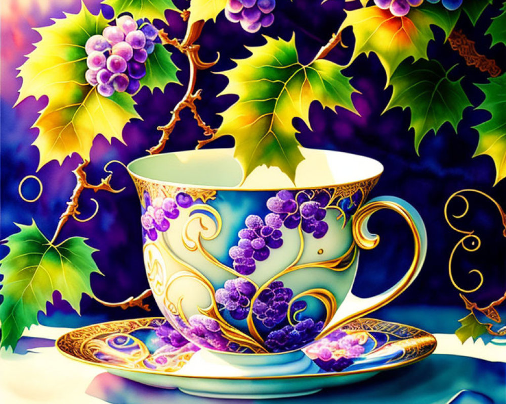 Ornate Cup and Saucer with Grape Designs on Purple Background