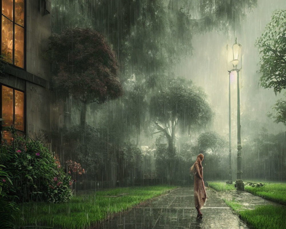 Rainy twilight stroll along lush greenery with lamppost and glowing windows