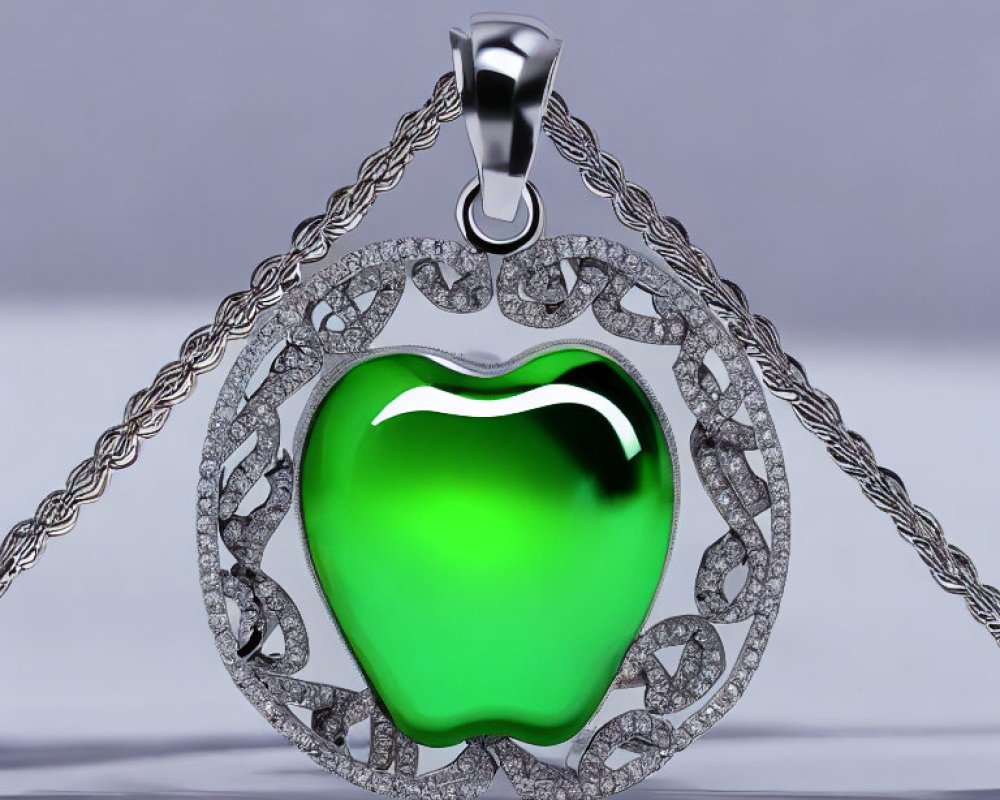 Silver Pendant Necklace with Green Apple-Shaped Gemstone & Ornate Frame