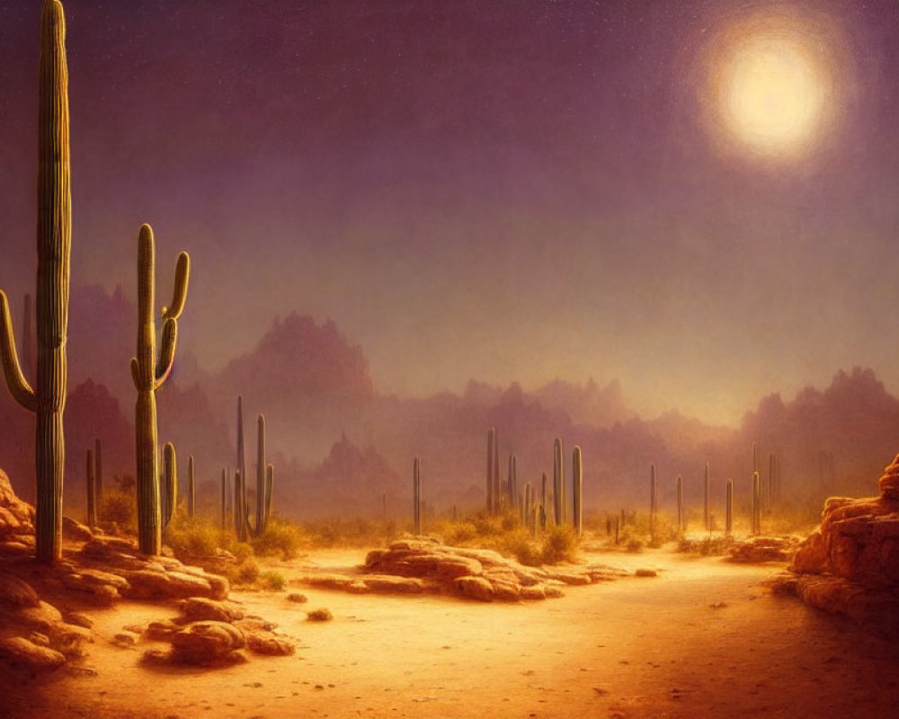 Desert landscape with tall cacti silhouettes at night