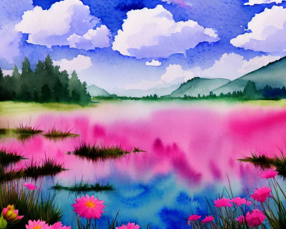 Colorful Watercolor Landscape with Flower-Speckled Lake & Rolling Hills