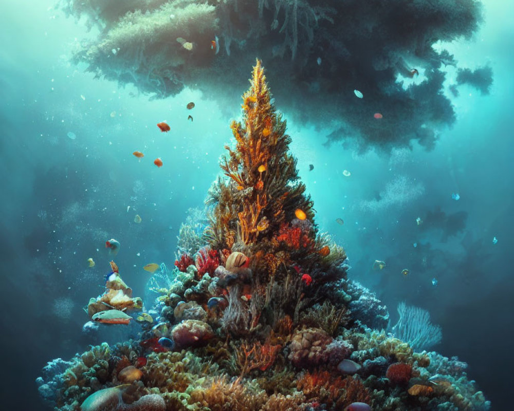 Colorful coral reef with tree structure in underwater scene.